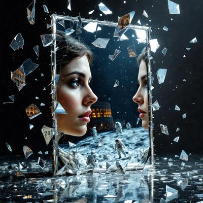 The primary subject of the image is a woman's face, which is reflected in a mirror. The setting is a dark room, and the visual style appears to be a combination of a photo and digital art. The colors in the image are predominantly dark, creating a moody atmosphere.